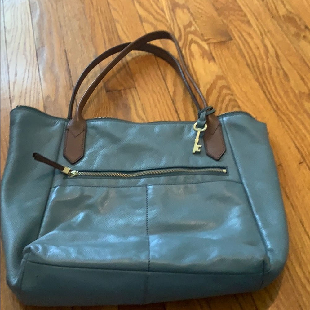 Fossil teal leather tote